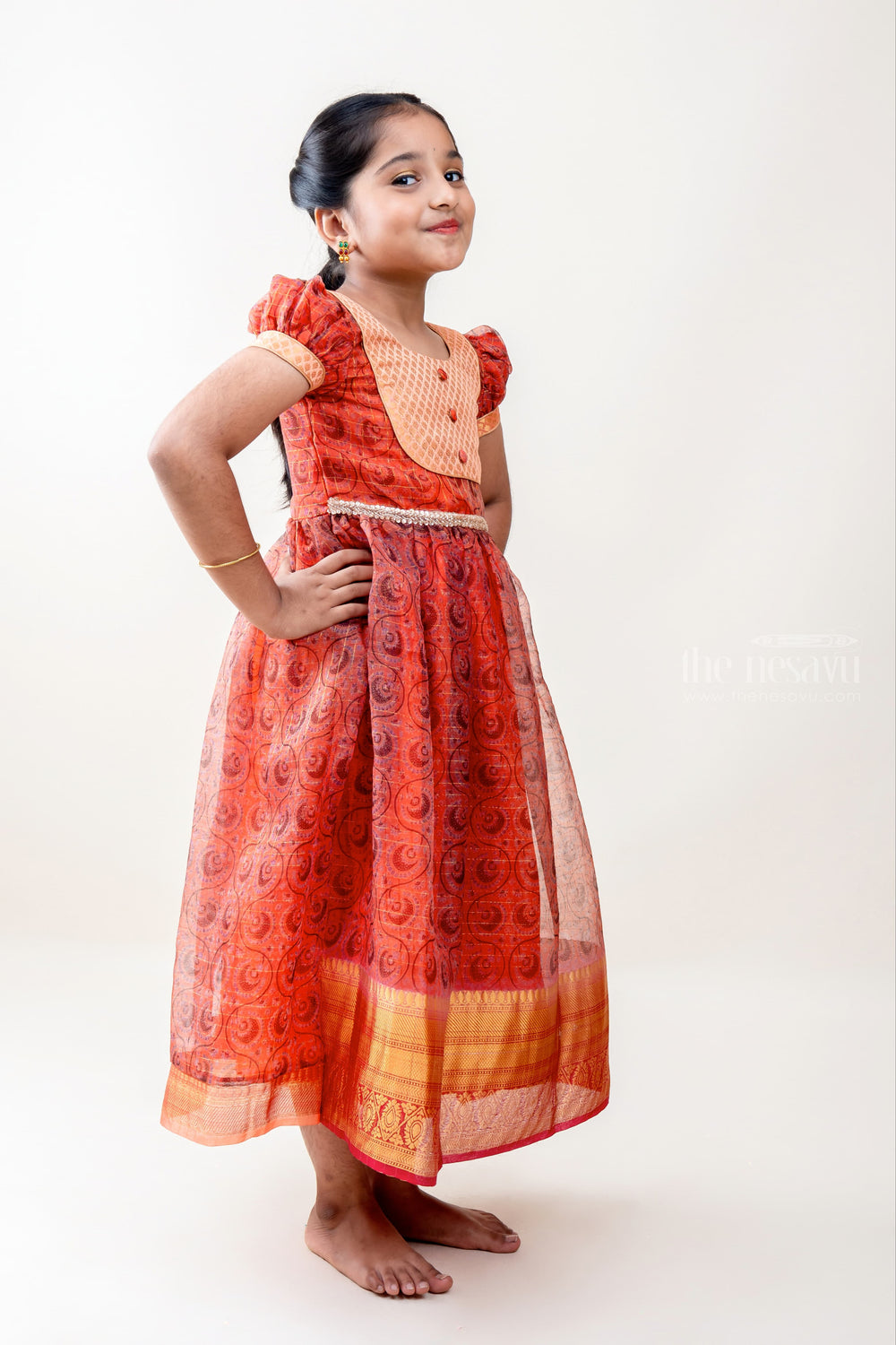 The Nesavu Kids Anarkali Maroon Organza Silk Anarkali With Fabric Embellishments For Baby Girls psr silks Nesavu