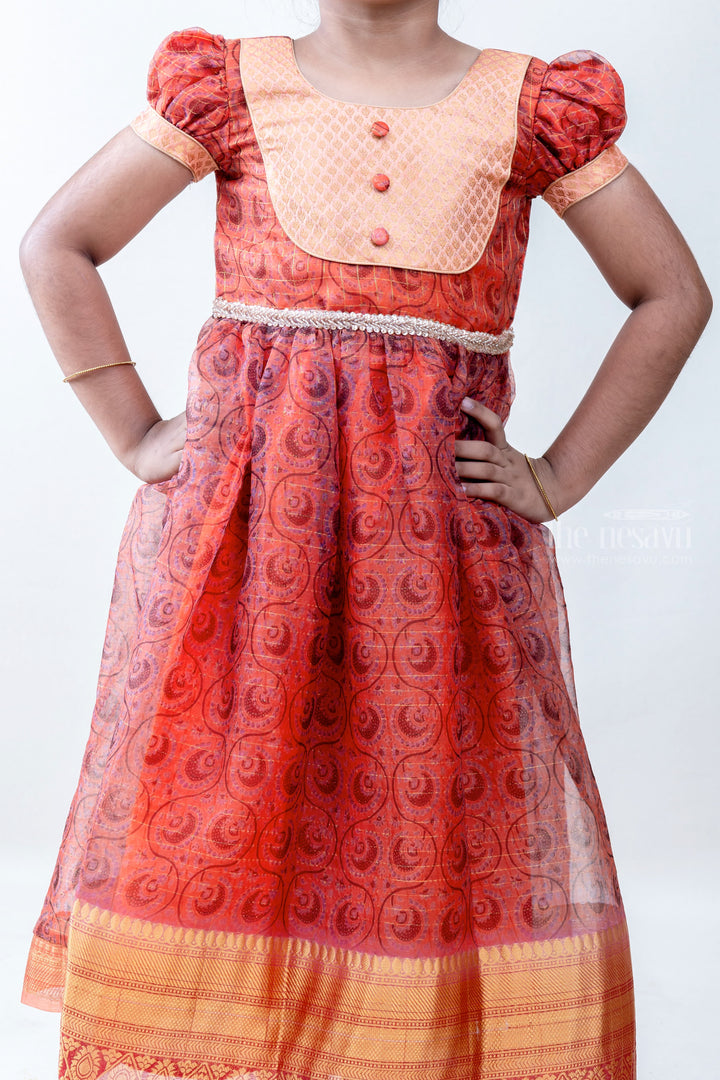The Nesavu Kids Anarkali Maroon Organza Silk Anarkali With Fabric Embellishments For Baby Girls psr silks Nesavu