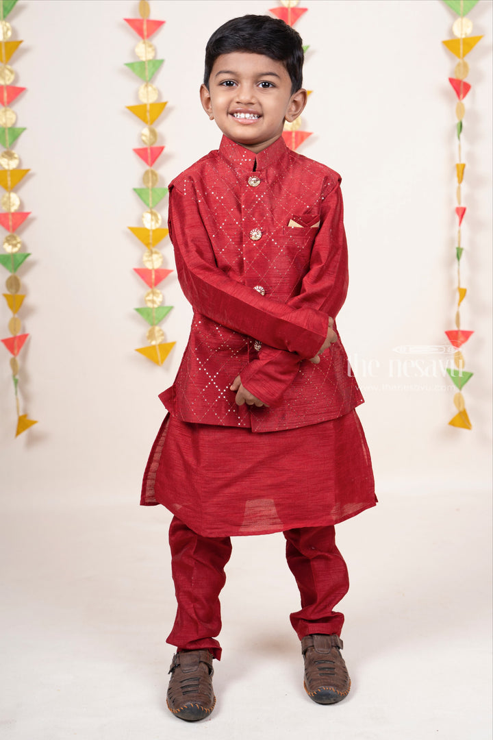 The Nesavu Ethnic Sets Maroon Semi Raw Silk Kurta Wear For Baby Boys With Overcoat psr silks Nesavu 22 (4Y) / maroon BES180A