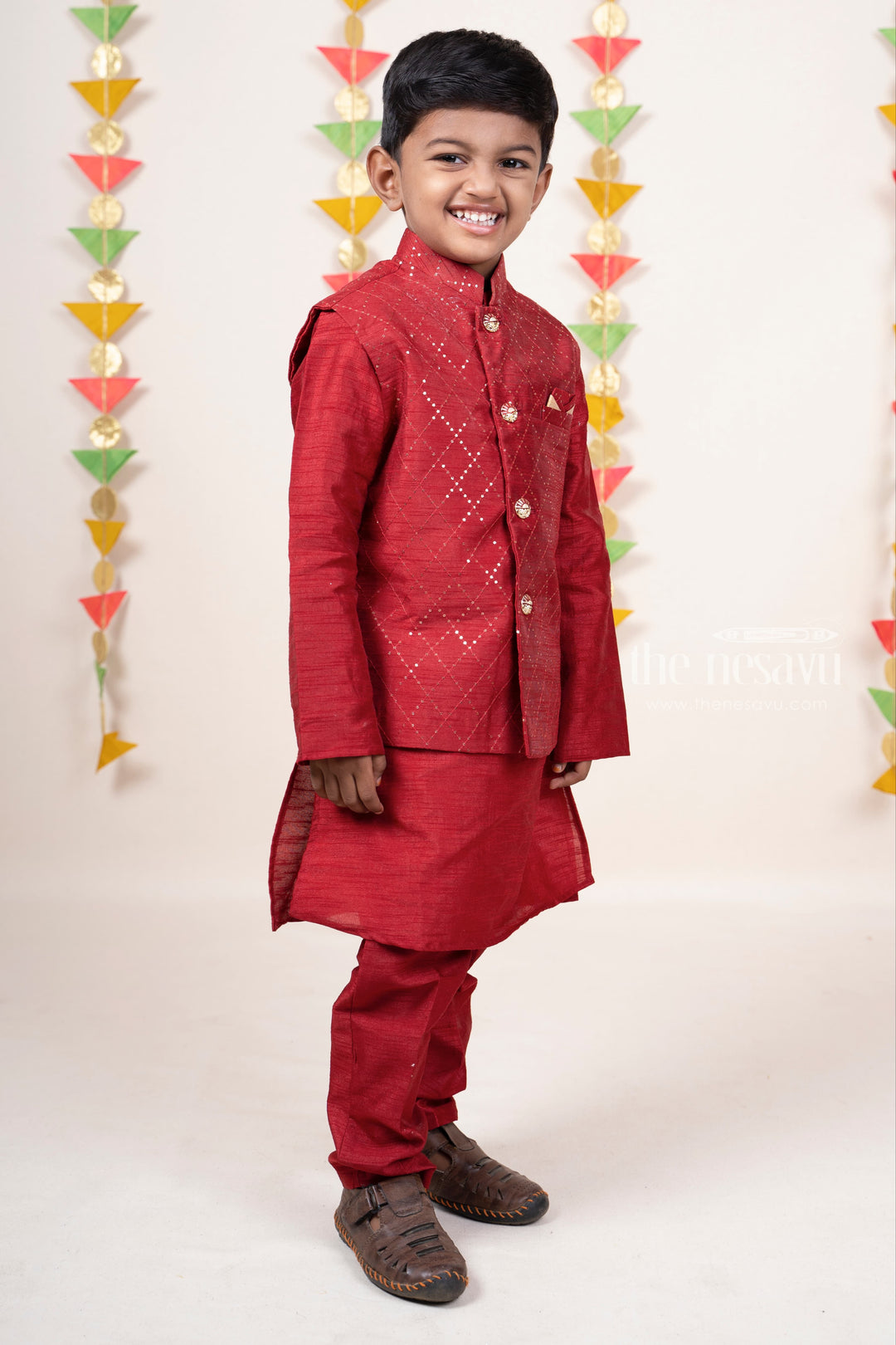 The Nesavu Ethnic Sets Maroon Semi Raw Silk Kurta Wear For Baby Boys With Overcoat psr silks Nesavu