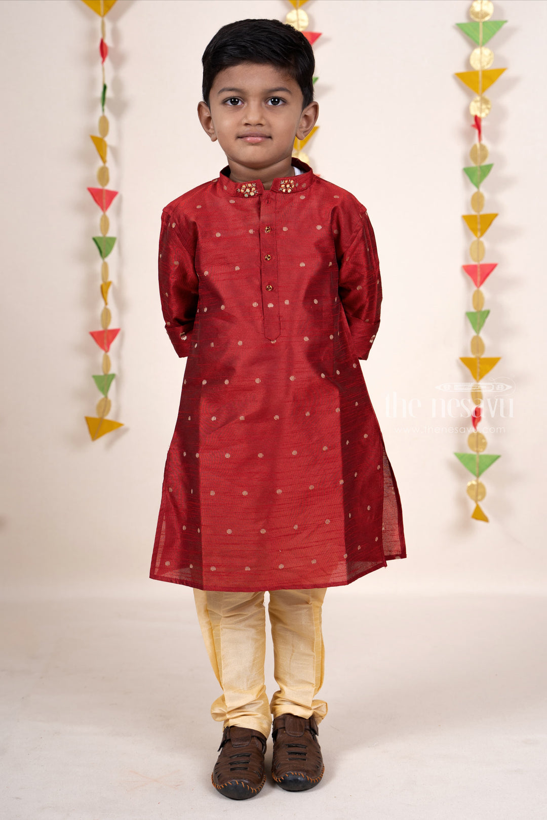 The Nesavu Ethnic Sets Maroon Silk Cotton Party Wear Kurta With Pant For New Born Baby Boys psr silks Nesavu 22 (4Y) / maroon BES179A