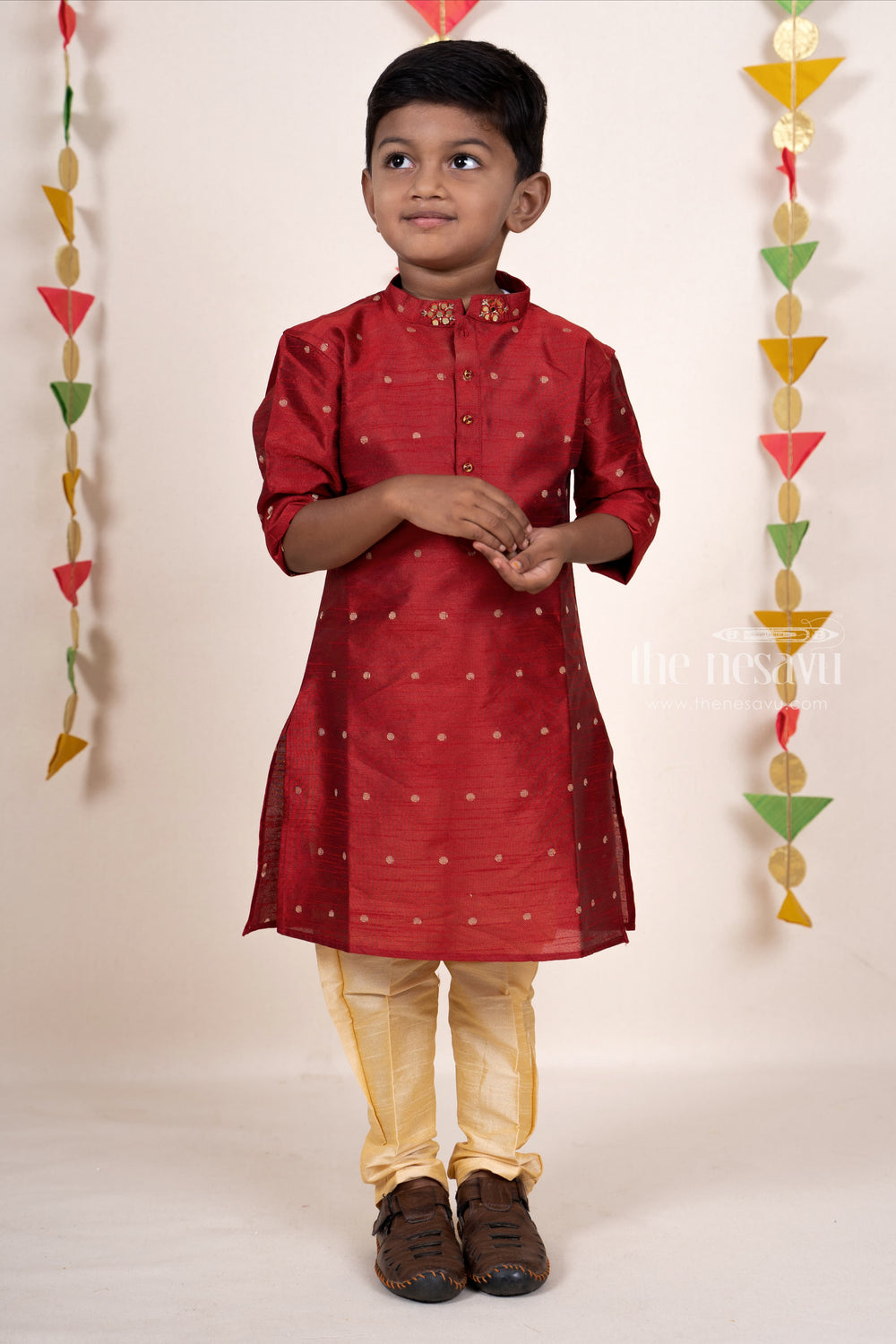 The Nesavu Ethnic Sets Maroon Silk Cotton Party Wear Kurta With Pant For New Born Baby Boys psr silks Nesavu