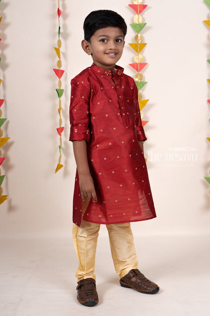 The Nesavu Ethnic Sets Maroon Silk Cotton Party Wear Kurta With Pant For New Born Baby Boys psr silks Nesavu