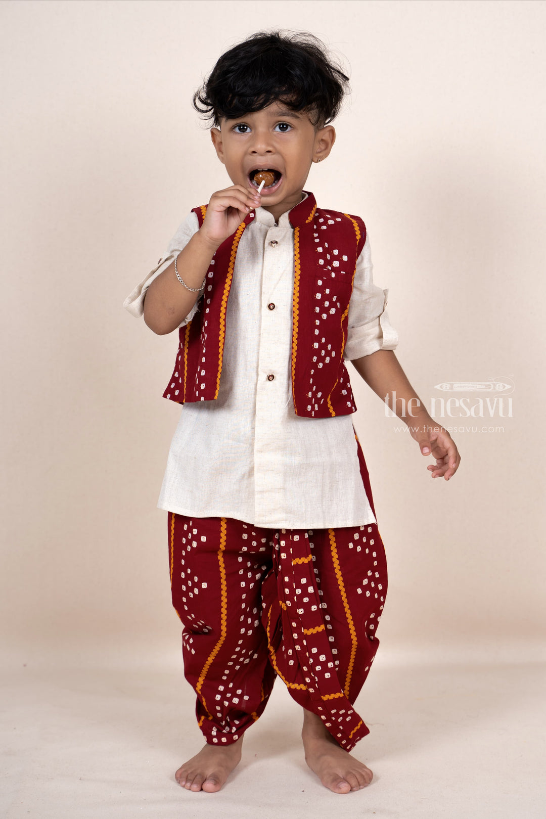The Nesavu Ethnic Sets Maroon Super Soft Cotton Kurta For Boys With Overcoat psr silks Nesavu 12 (3M) / maroon BES177