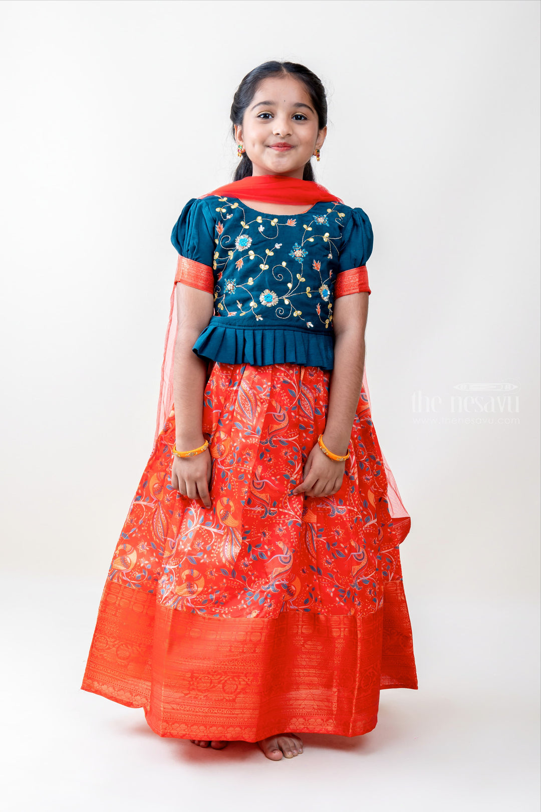 The Nesavu Lehenga & Ghagra Max Beauty - Artistic Embroidery-heavy Green Choli With Pink Border Skirt For Girls psr silks Nesavu 14 (6M) / Orangered GL293A