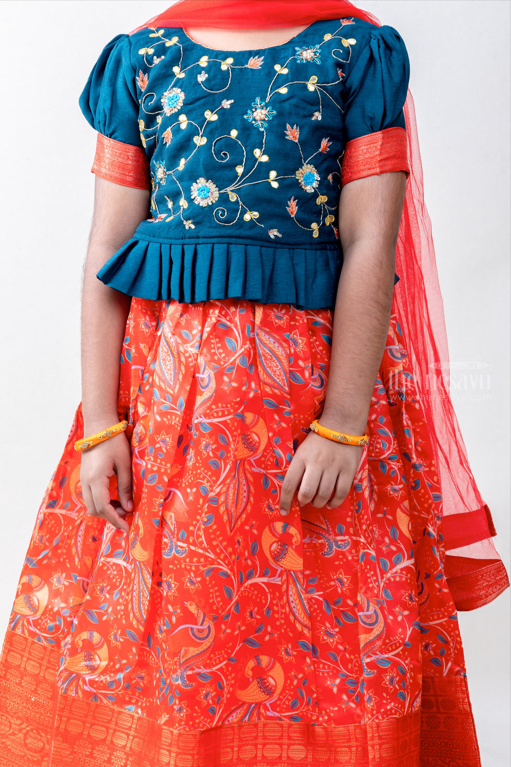 The Nesavu Lehenga & Ghagra Max Beauty - Artistic Embroidery-heavy Green Choli With Pink Border Skirt For Girls psr silks Nesavu