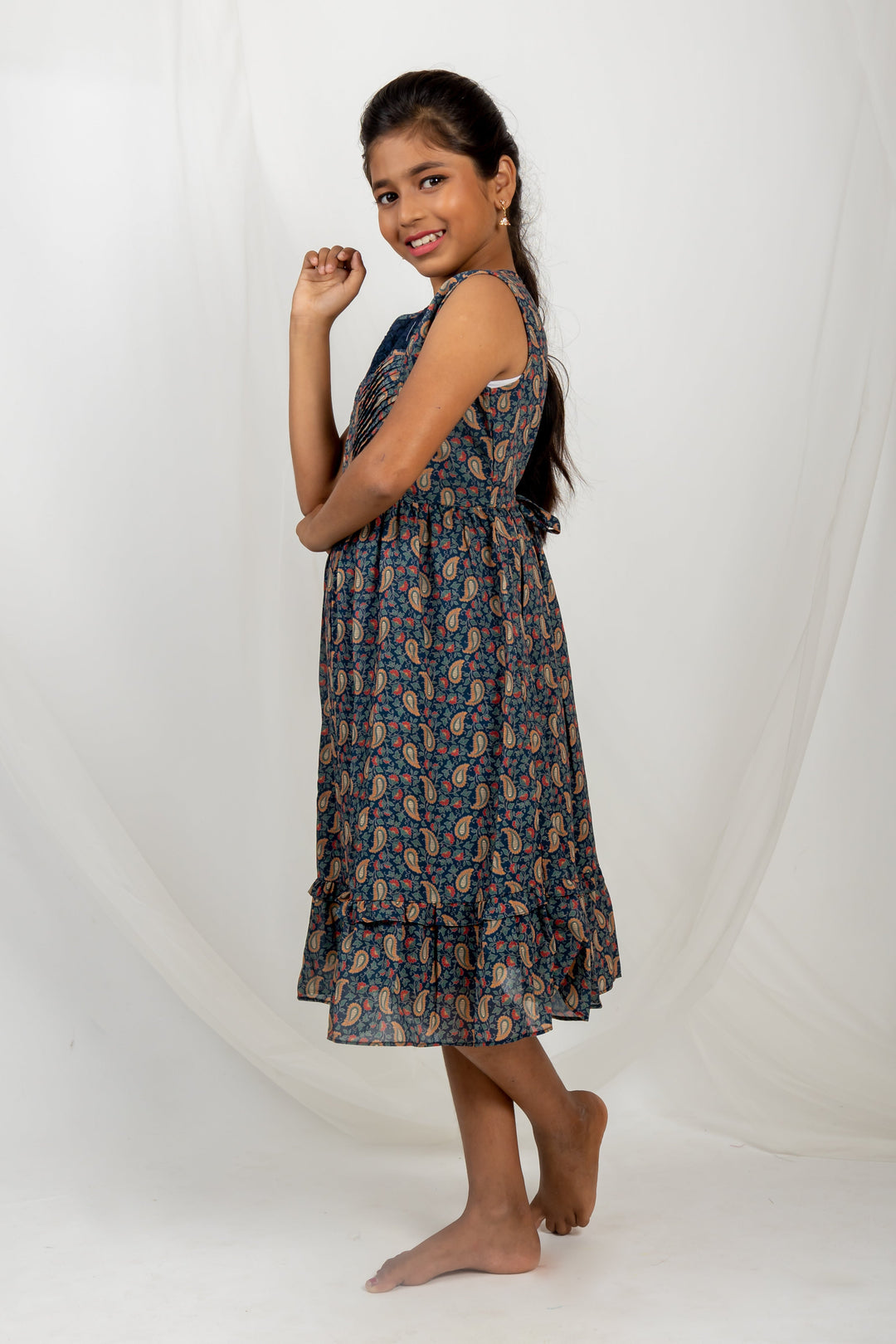 The Nesavu Frocks & Dresses Mid Night Blue Designer Daily Wear For Girls With Ruffle Neck And Comfy Sleeveless psr silks Nesavu 16 (1Y) / Darkblue GFC885