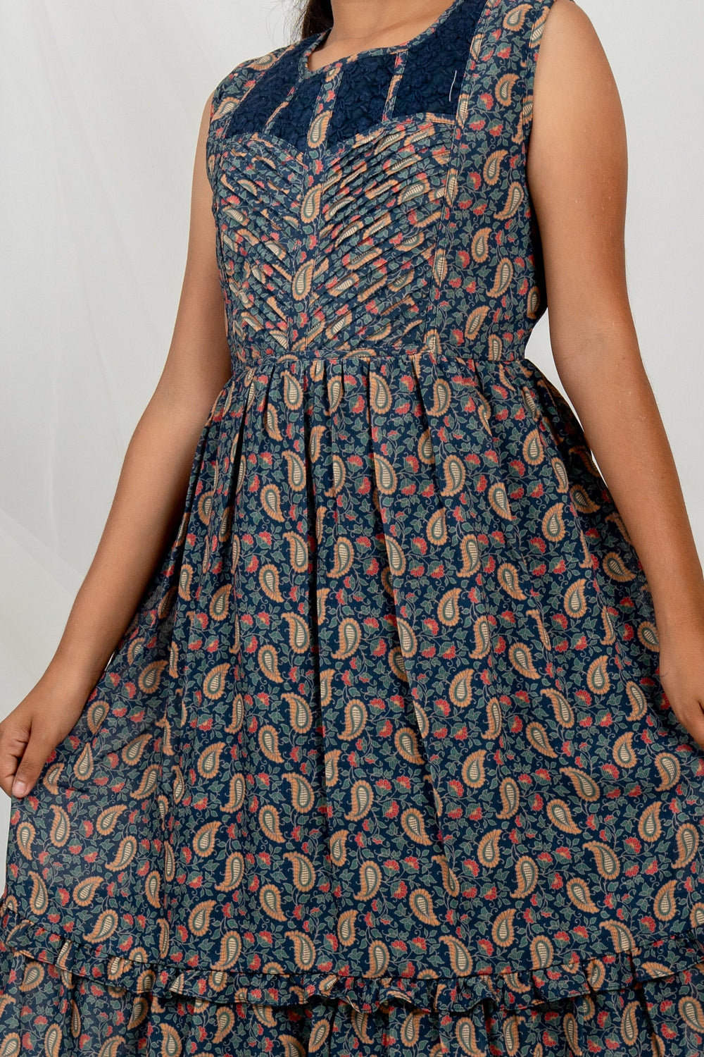 The Nesavu Frocks & Dresses Mid Night Blue Designer Daily Wear For Girls With Ruffle Neck And Comfy Sleeveless psr silks Nesavu
