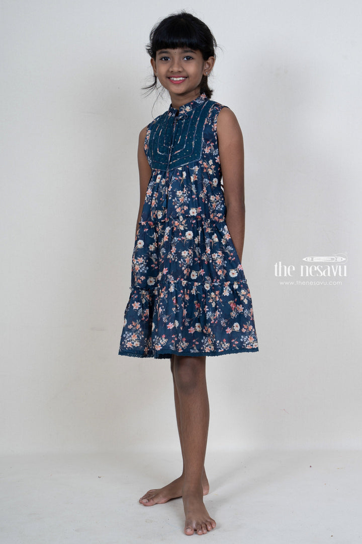 The Nesavu Frocks & Dresses Midnight Blue Floral Designer Collared Frock With Neck Tie For Girls psr silks Nesavu 16 (1Y) / MidnightBlue GFC926