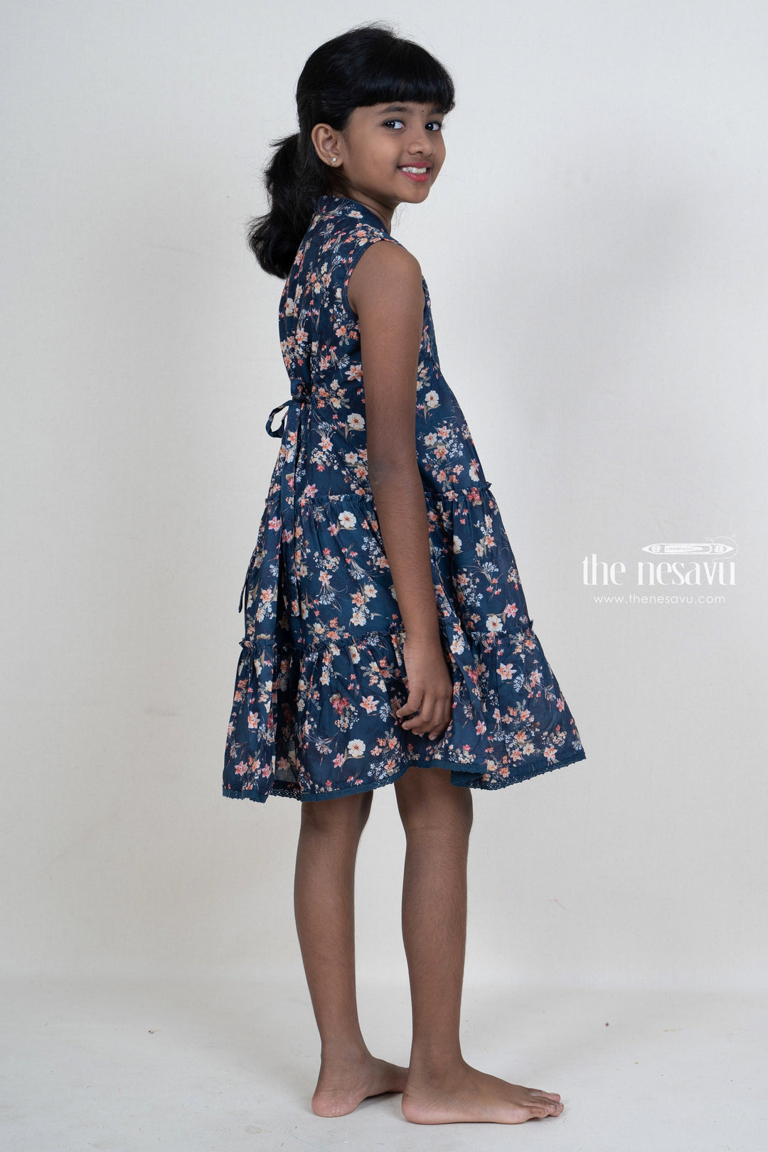 The Nesavu Frocks & Dresses Midnight Blue Floral Designer Collared Frock With Neck Tie For Girls psr silks Nesavu