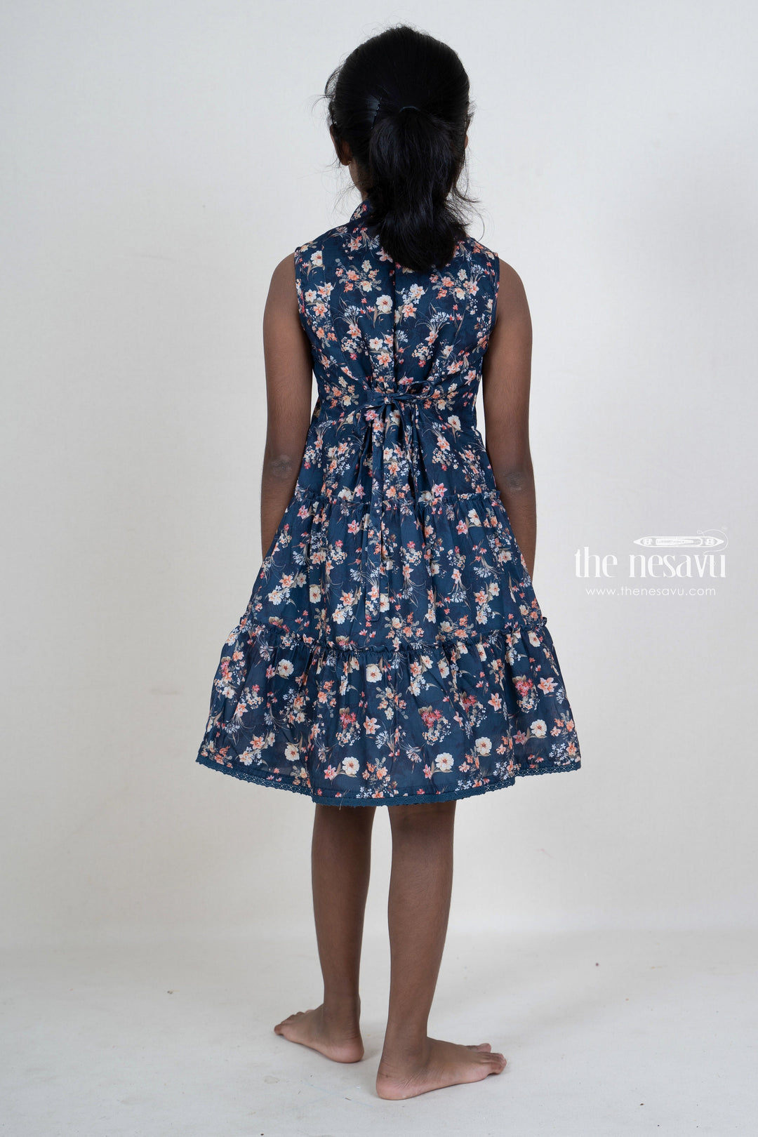 The Nesavu Frocks & Dresses Midnight Blue Floral Designer Collared Frock With Neck Tie For Girls psr silks Nesavu