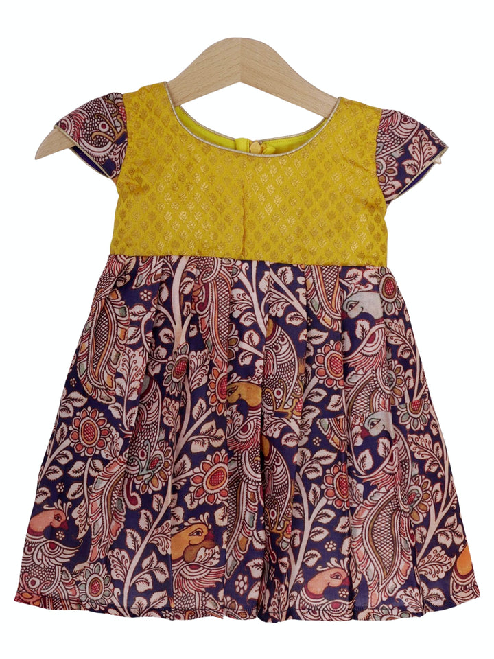 The Nesavu Silk frocks Midnight Blue Kalamkari Printed Silk Gown For New Born Baby Girls psr silks Nesavu 12 (3M) / indigo SF396