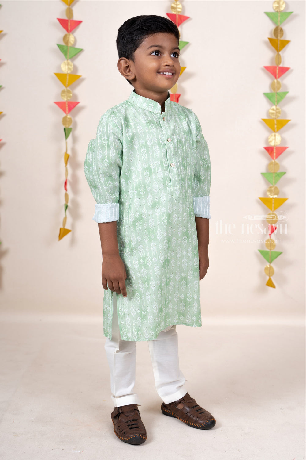 The Nesavu Ethnic Sets Mint Green Cotton Kurta Outfit For Baby Boys Attached With Pant psr silks Nesavu