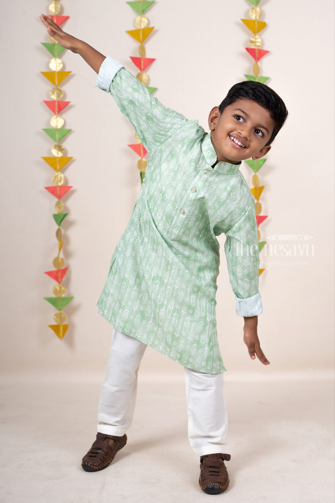 The Nesavu Ethnic Sets Mint Green Cotton Kurta Outfit For Baby Boys Attached With Pant psr silks Nesavu