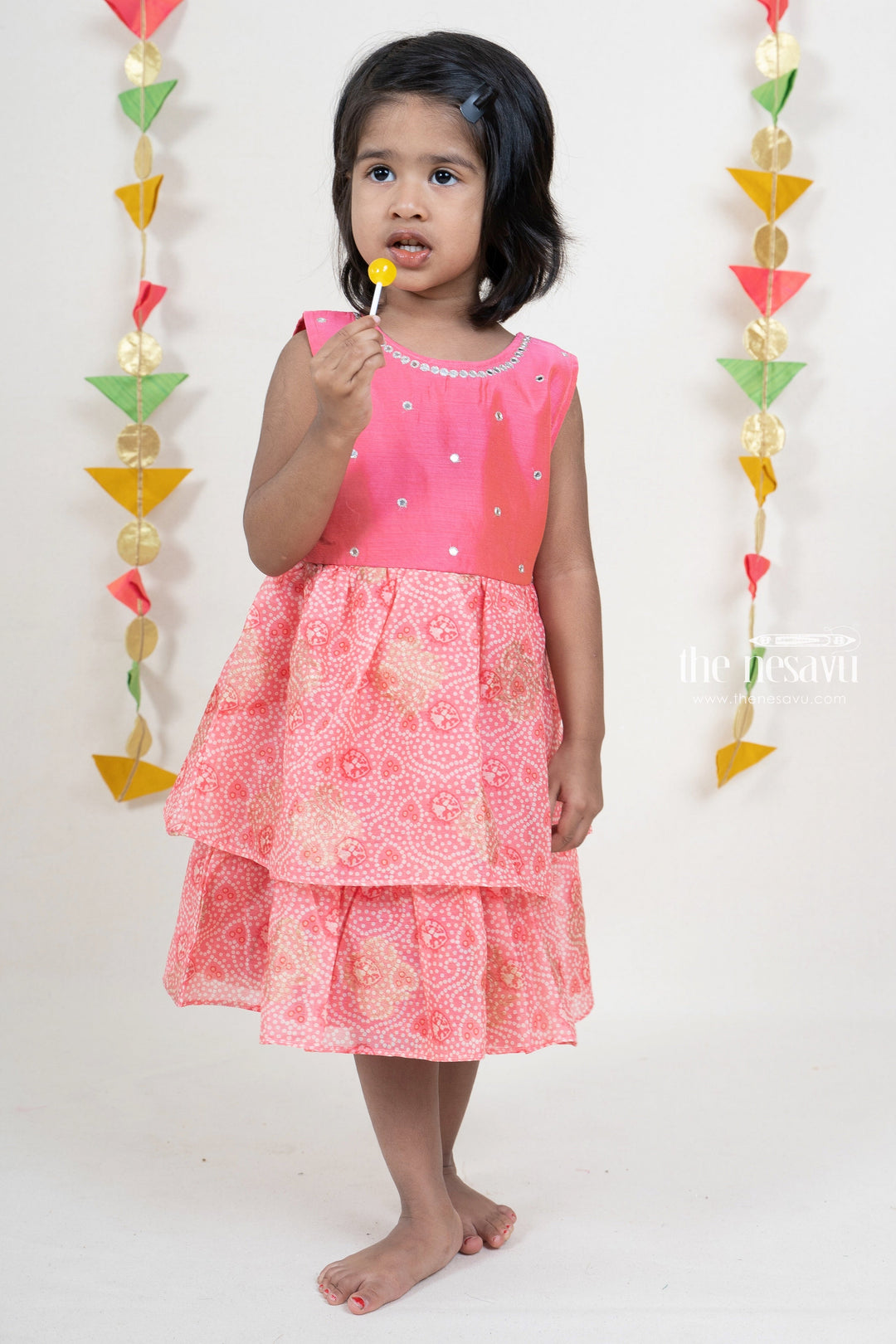 The Nesavu Silk frocks Mirror Embroidery Bandhani Silk Double Tiered Frock For New Born Baby Girls psr silks Nesavu