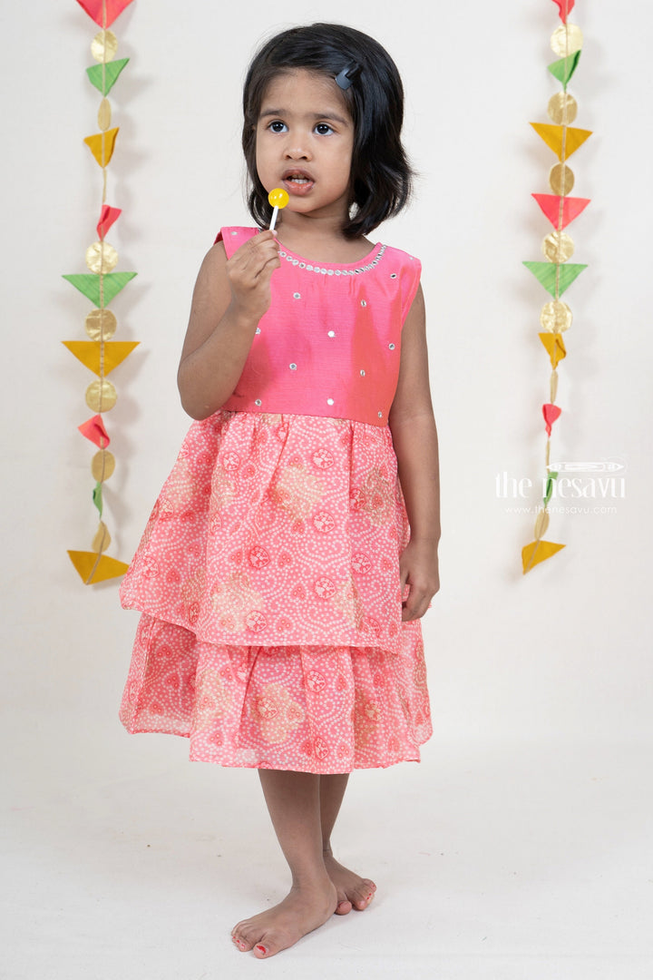 The Nesavu Silk frocks Mirror Embroidery Bandhani Silk Double Tiered Frock For New Born Baby Girls psr silks Nesavu