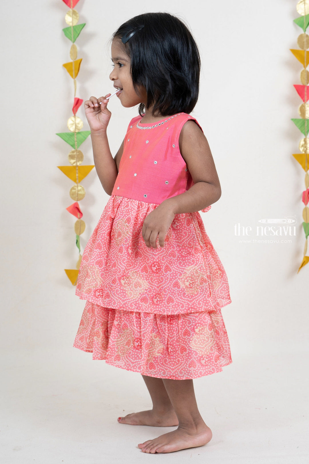 The Nesavu Silk frocks Mirror Embroidery Bandhani Silk Double Tiered Frock For New Born Baby Girls psr silks Nesavu