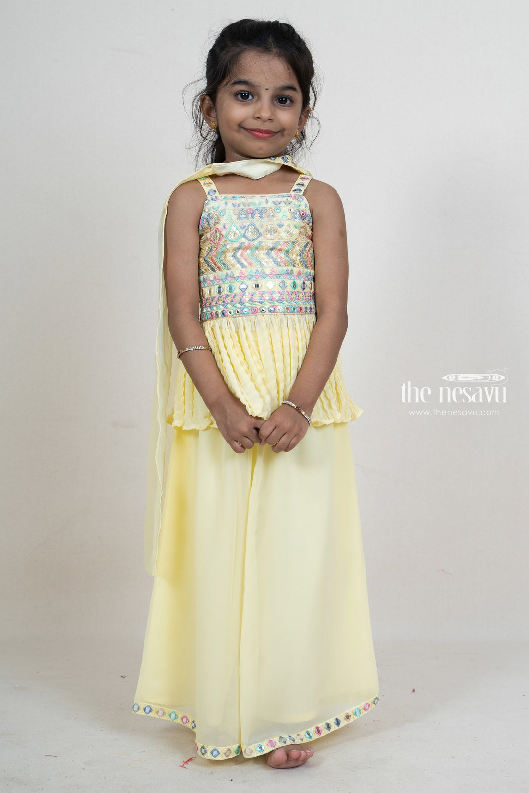 The Nesavu Sets & Suits Mirror Embroidery Semi Crushed Crepe Palazzo Wear For Baby Girls psr silks Nesavu