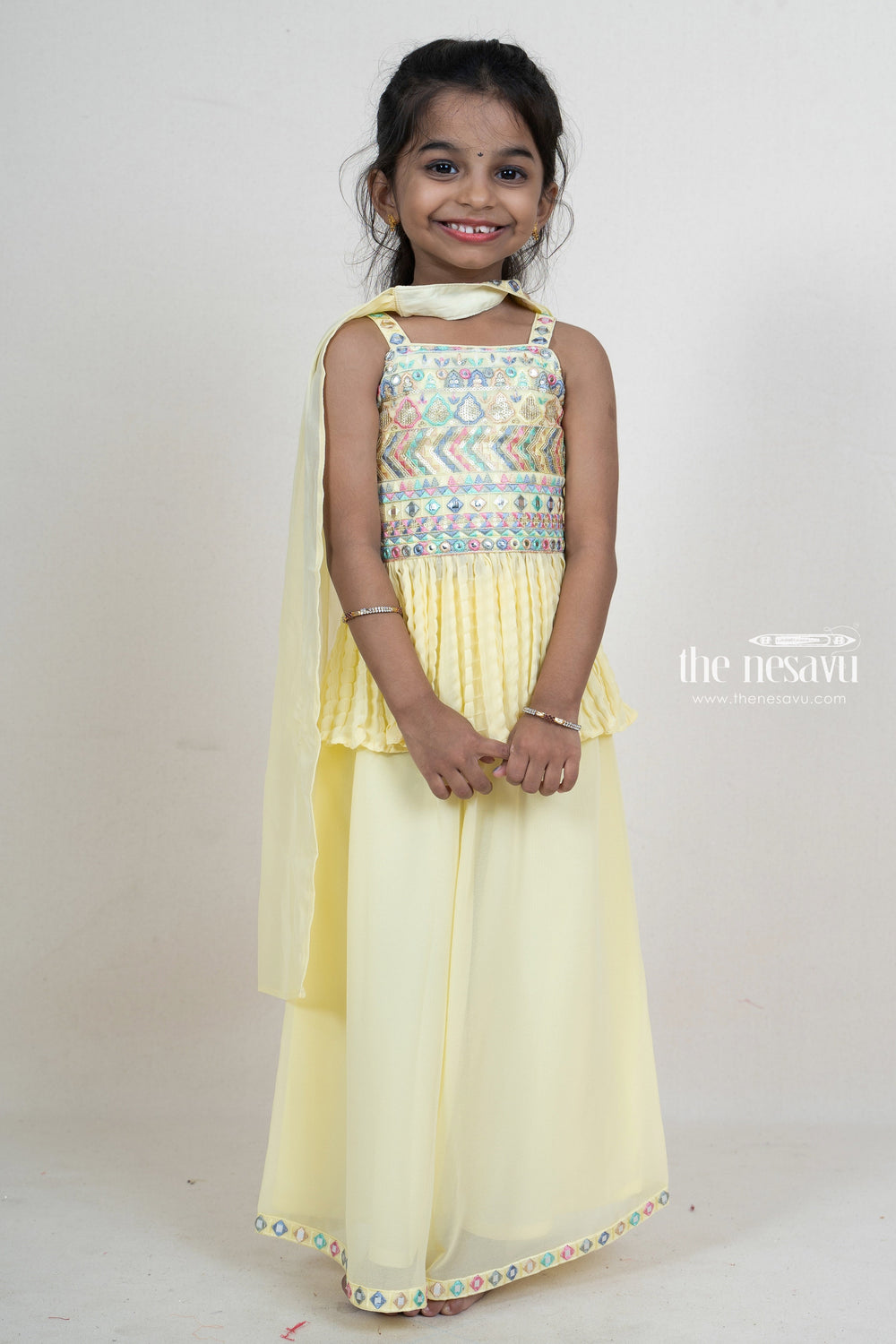 The Nesavu Sets & Suits Mirror Embroidery Semi Crushed Crepe Palazzo Wear For Baby Girls psr silks Nesavu