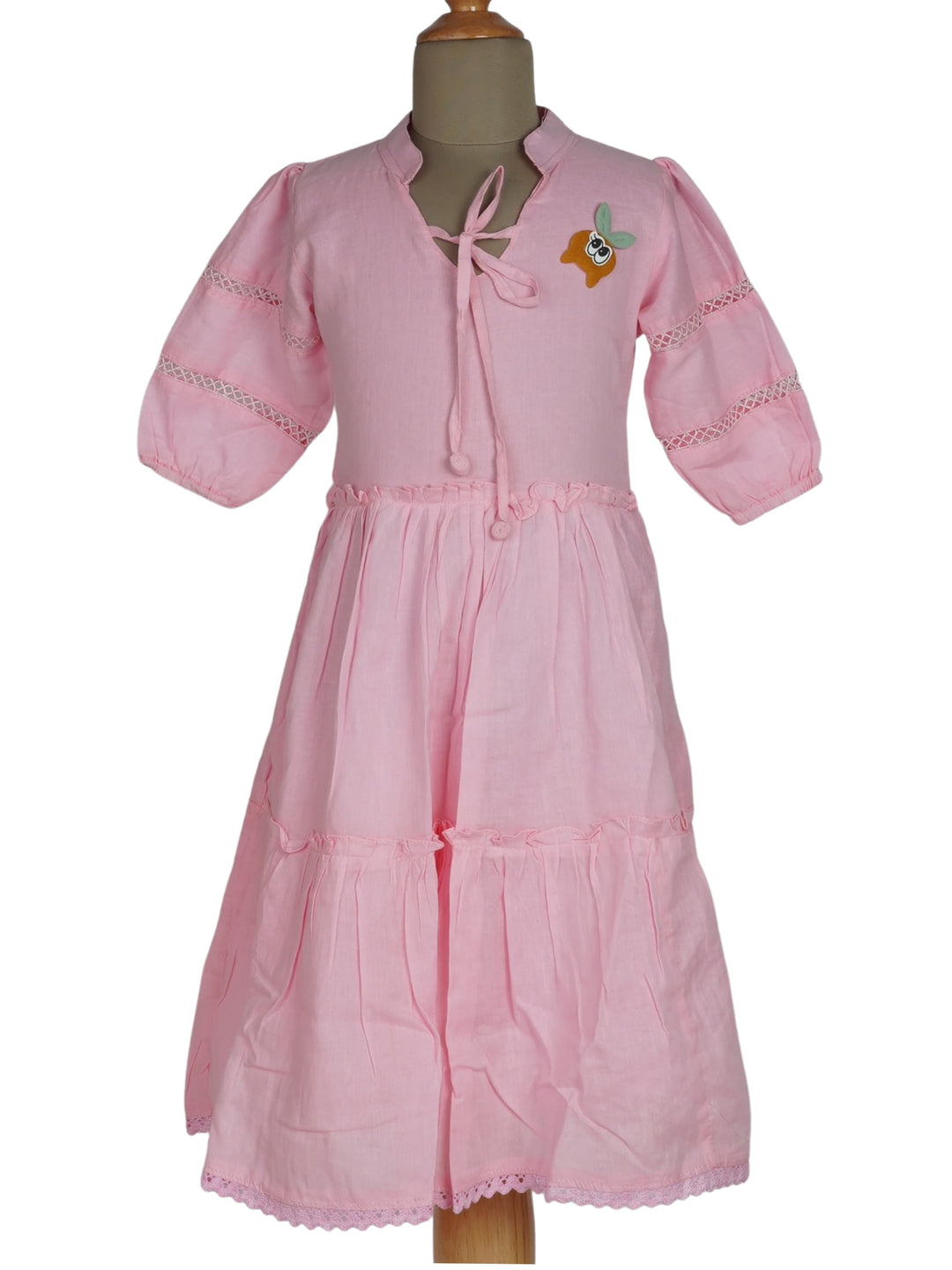 The Nesavu Frocks & Dresses Monochrome Cotton Wear For Girls With Tie-Up Mandarin Collar psr silks Nesavu 24 (5Y-6Y) / Pink GFC594A