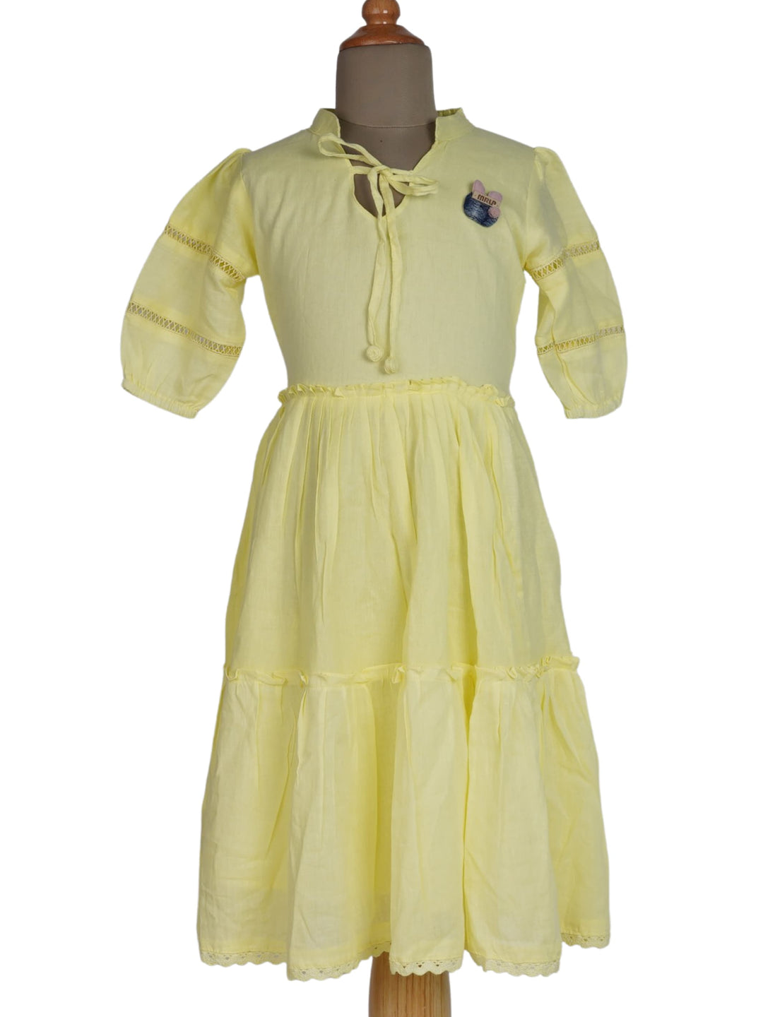 The Nesavu Frocks & Dresses Monochrome Cotton Wear For Girls With Tie-Up Mandarin Collar psr silks Nesavu 24 (5Y-6Y) / Yellow GFC594B