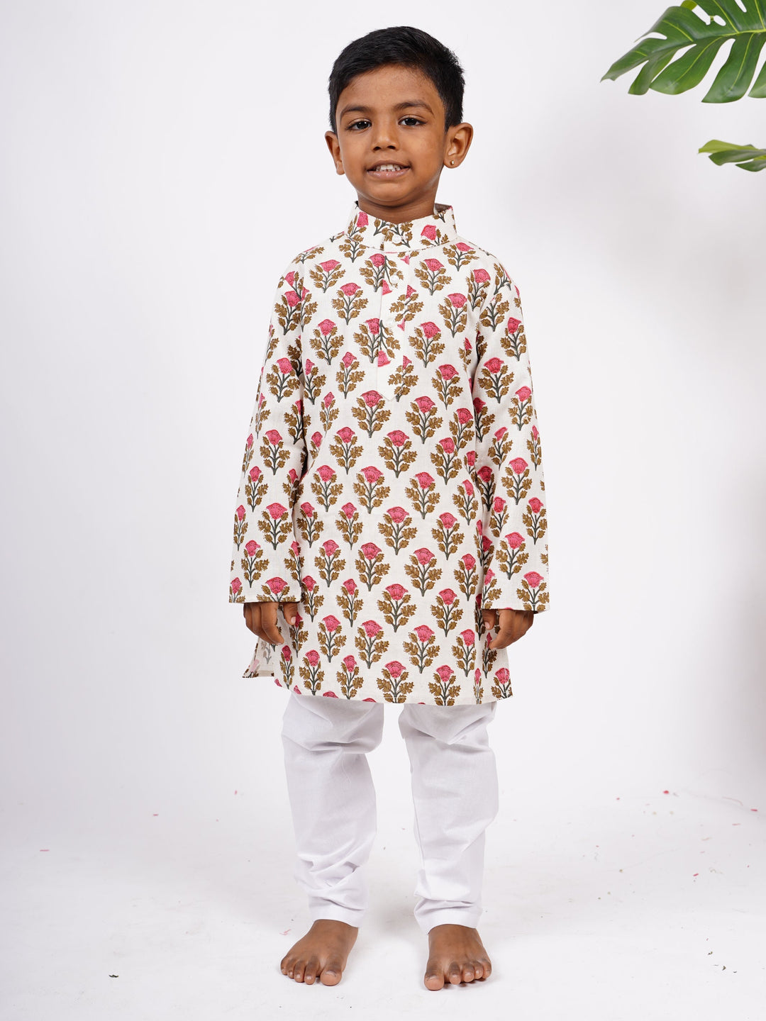 The Nesavu Ethnic Sets Mugal Floral Block Printed Boys Kurta Set with White Pant psr silks Nesavu