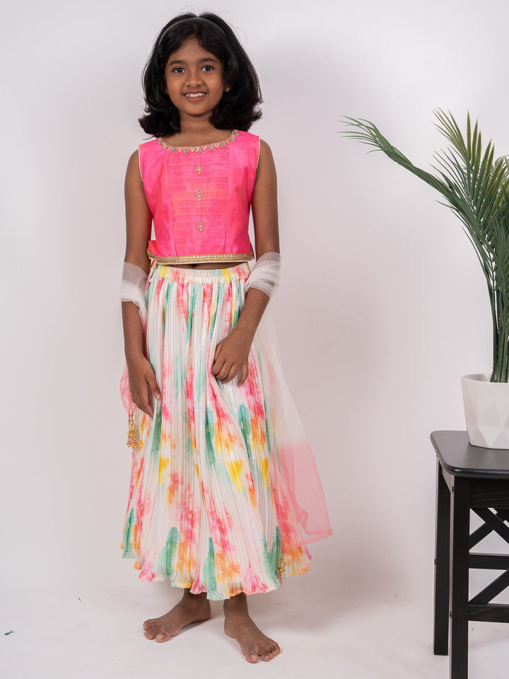 The Nesavu Lehenga & Ghagra Multi-Colour Semi-Crushed Crepe Skirt With Pink Crop Top psr silks Nesavu