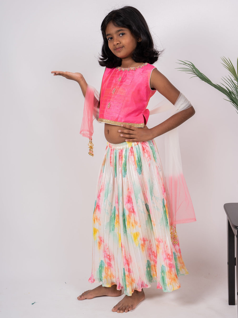The Nesavu Lehenga & Ghagra Multi-Colour Semi-Crushed Crepe Skirt With Pink Crop Top psr silks Nesavu