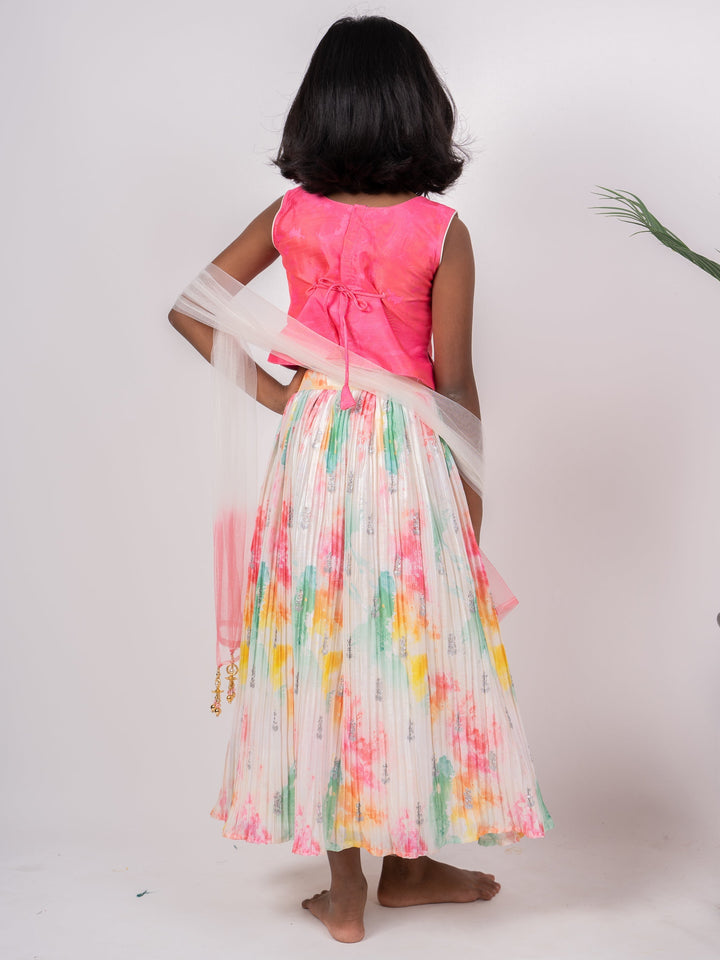 The Nesavu Lehenga & Ghagra Multi-Colour Semi-Crushed Crepe Skirt With Pink Crop Top psr silks Nesavu