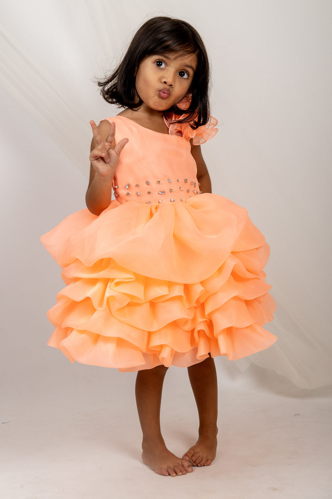 The Nesavu Party Frock Multi Layered Orange One Side Sleeved Party Gown For Baby Girls psr silks Nesavu 16 (1Y) / coral PF36