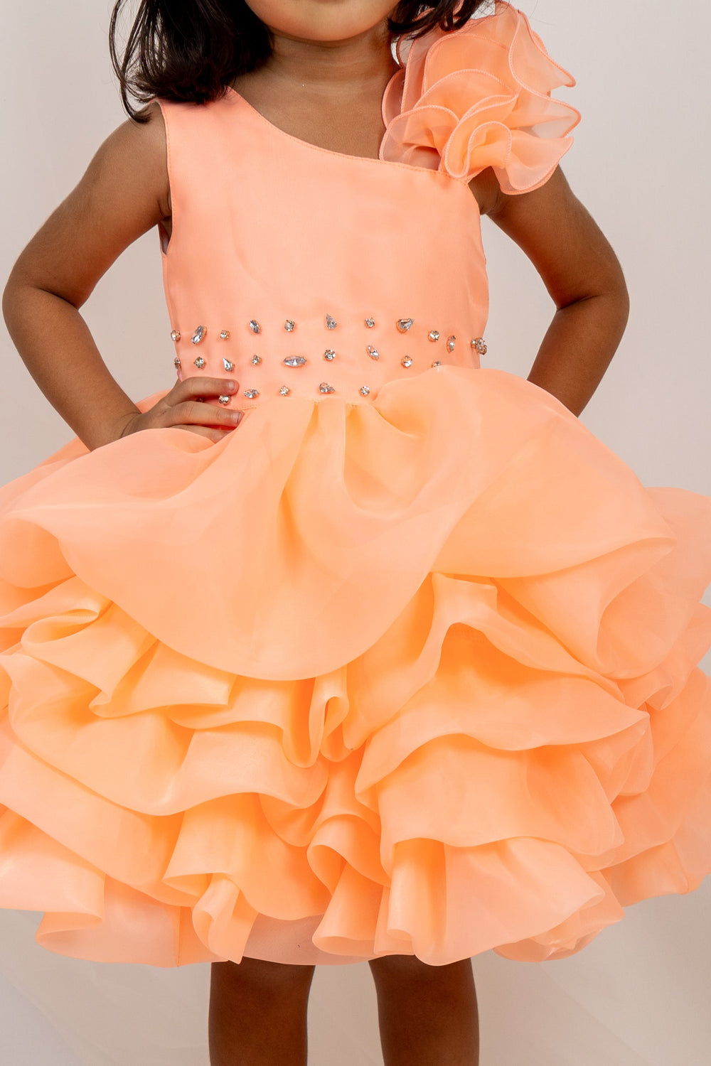 The Nesavu Party Frock Multi Layered Orange One Side Sleeved Party Gown For Baby Girls psr silks Nesavu
