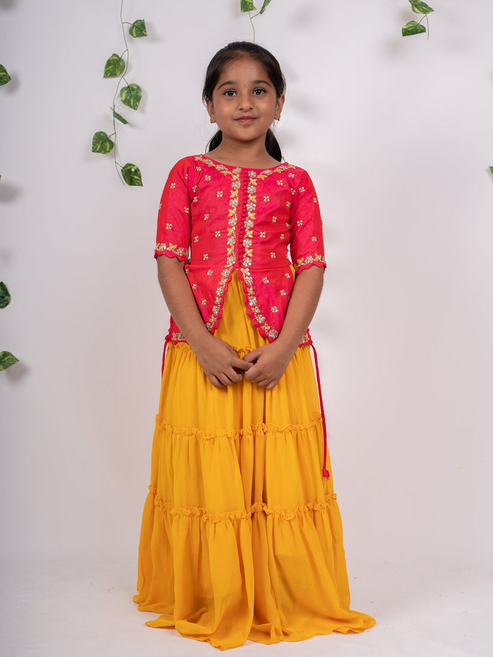 The Nesavu Lehenga & Ghagra Multi-Tier Mustard Crepe Skirt With Designer Red Embroidery Lehenga psr silks Nesavu 20 (3Y-4Y) / Orange GL168
