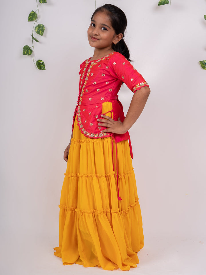 The Nesavu Lehenga & Ghagra Multi-Tier Mustard Crepe Skirt With Designer Red Embroidery Lehenga psr silks Nesavu