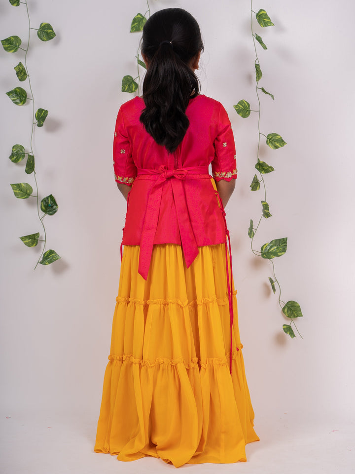 The Nesavu Lehenga & Ghagra Multi-Tier Mustard Crepe Skirt With Designer Red Embroidery Lehenga psr silks Nesavu