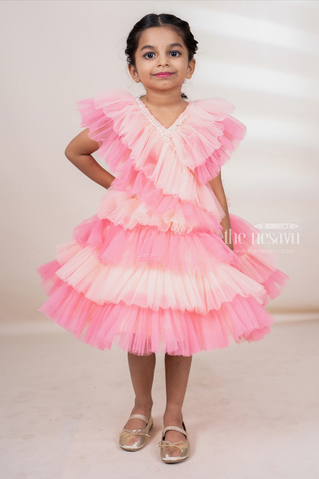 The Nesavu Party Frock Multi-Tiered Soft Net Designer Festive Wear For Toddler Girls psr silks Nesavu 16 (1Y) / PeachPuff PF59