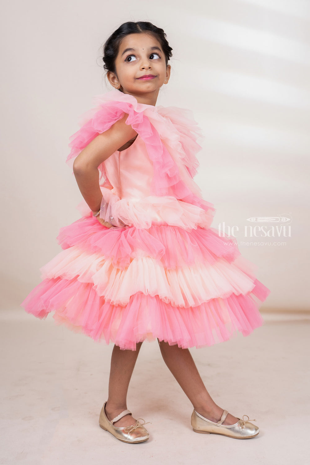 The Nesavu Party Frock Multi-Tiered Soft Net Designer Festive Wear For Toddler Girls psr silks Nesavu