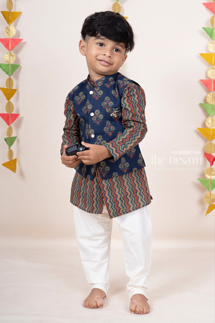 The Nesavu Ethnic Sets Multicolour Cotton Kurta With Blue Overcoat For Boys psr silks Nesavu 10 (NB) / DarkOliveGreen BES194