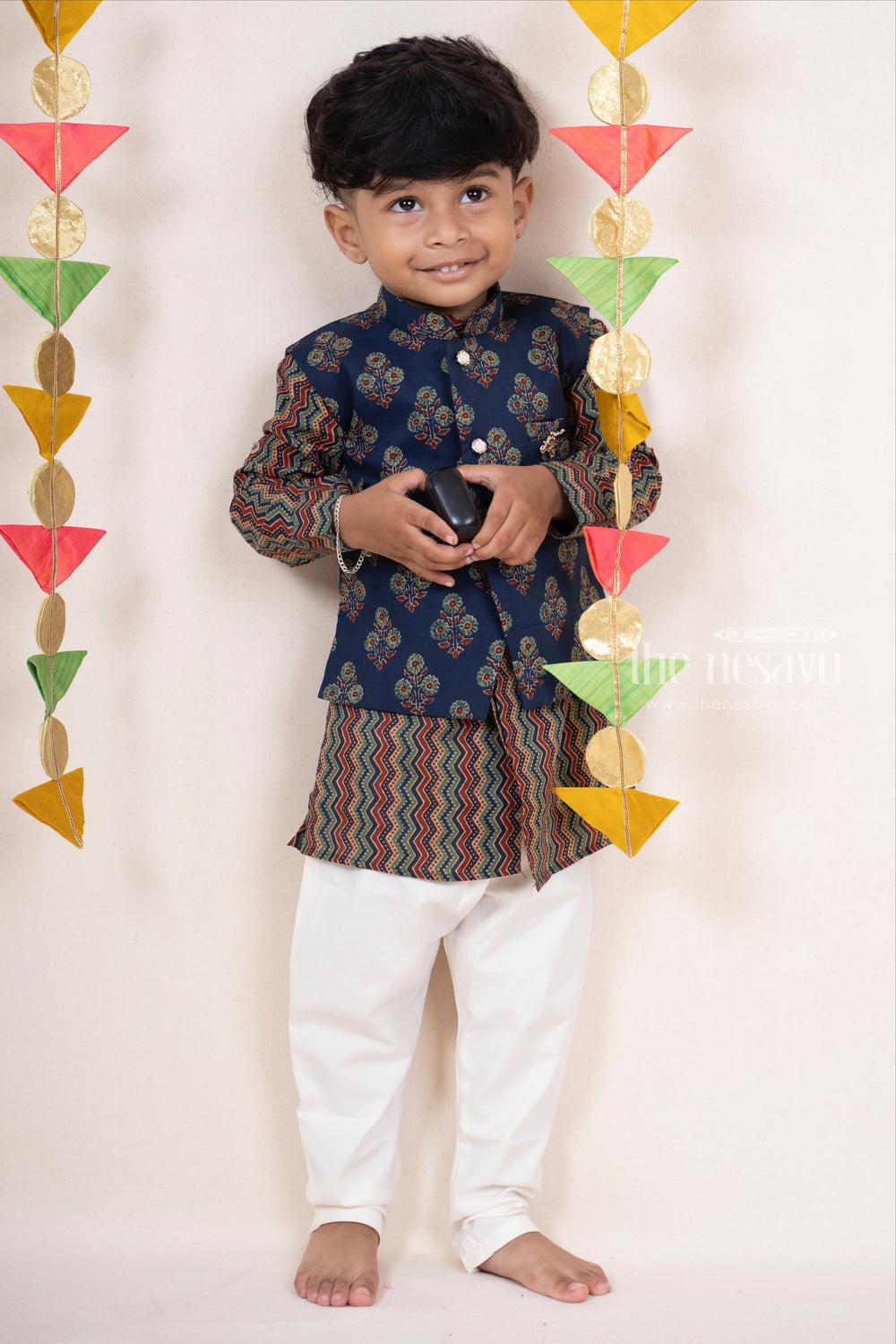 The Nesavu Ethnic Sets Multicolour Cotton Kurta With Blue Overcoat For Boys psr silks Nesavu