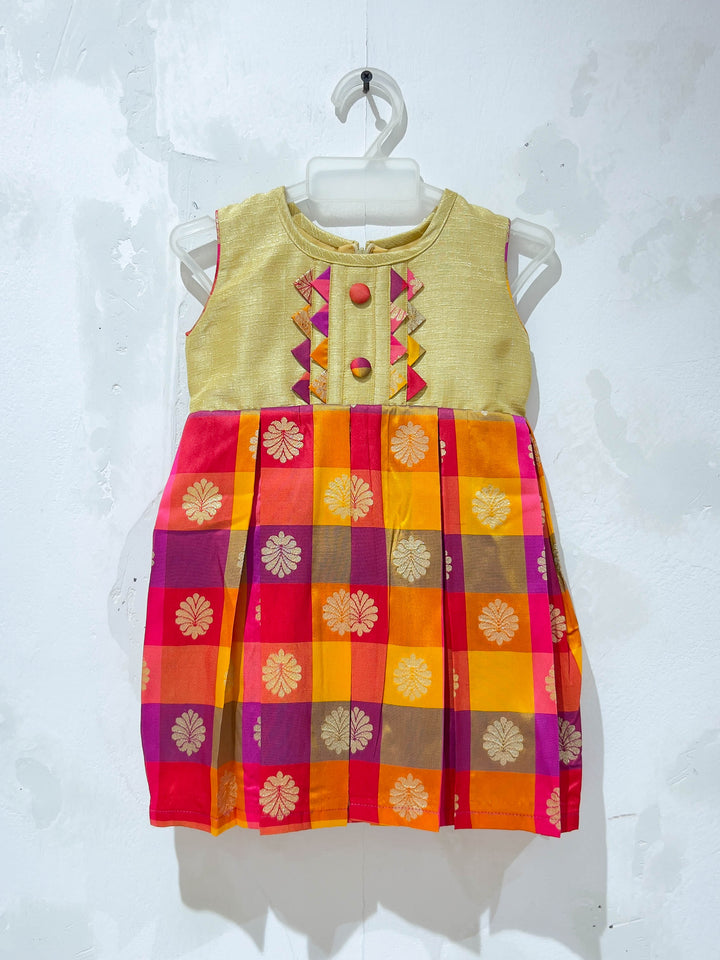 The Nesavu Silk frocks Multicolour Magenta Checked Banarasi Jacquard Silk Frock For Little Girl psr silks Nesavu 14 (6M) / DarkMagenta SF442B