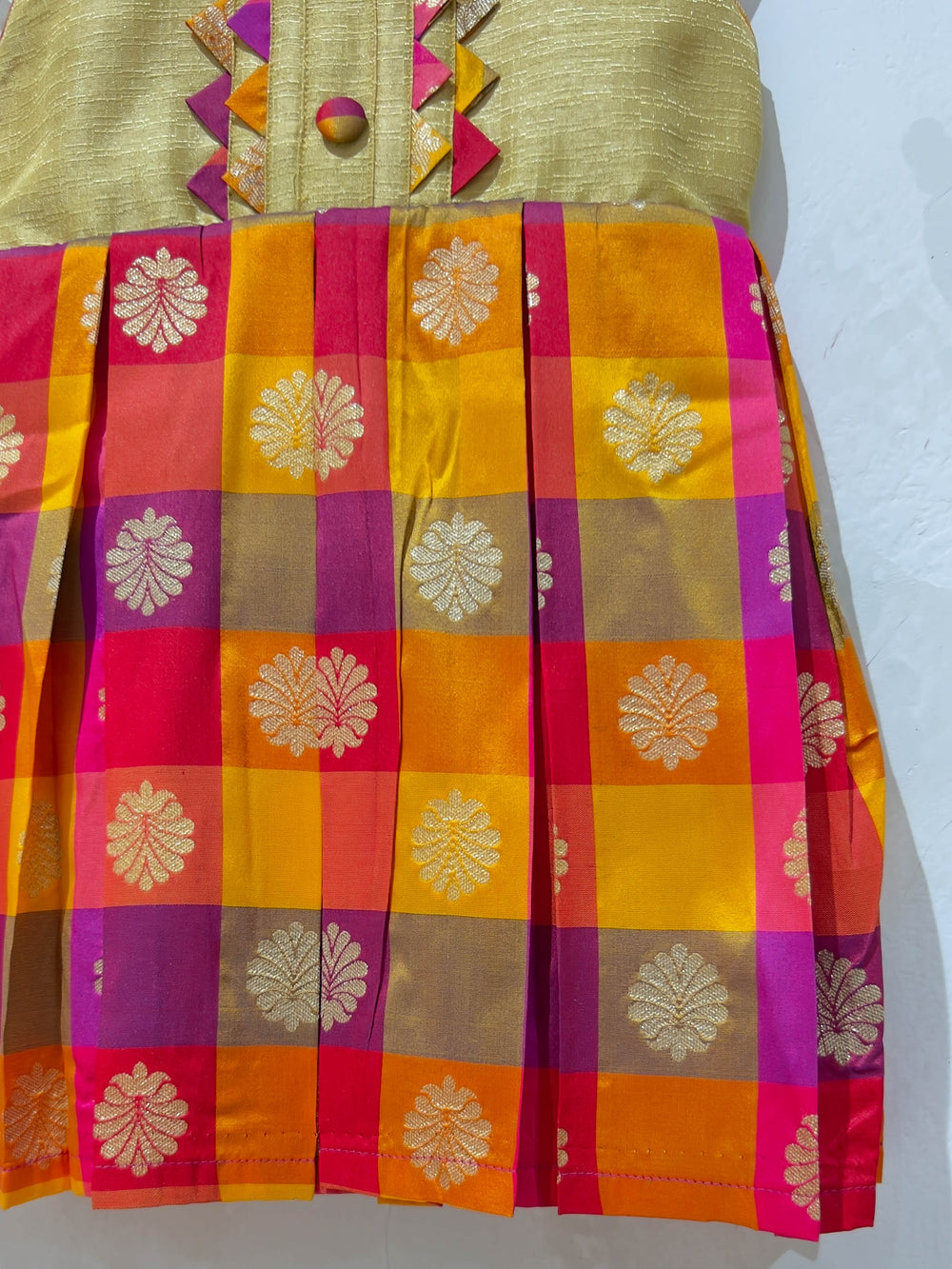 The Nesavu Silk frocks Multicolour Magenta Checked Banarasi Jacquard Silk Frock For Little Girl psr silks Nesavu