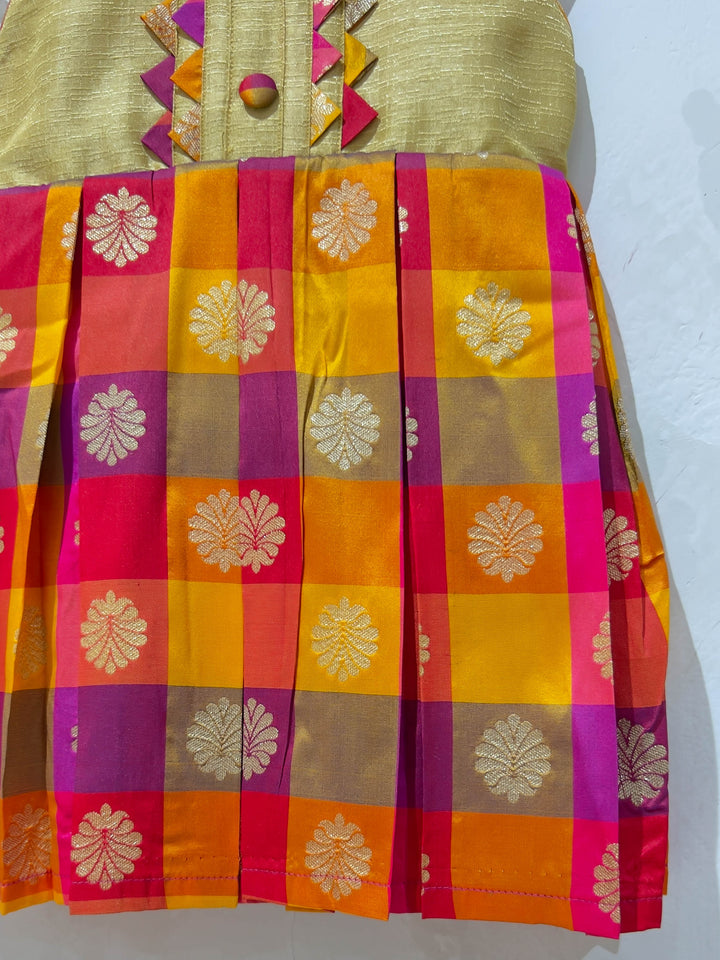 The Nesavu Silk frocks Multicolour Magenta Checked Banarasi Jacquard Silk Frock For Little Girl psr silks Nesavu