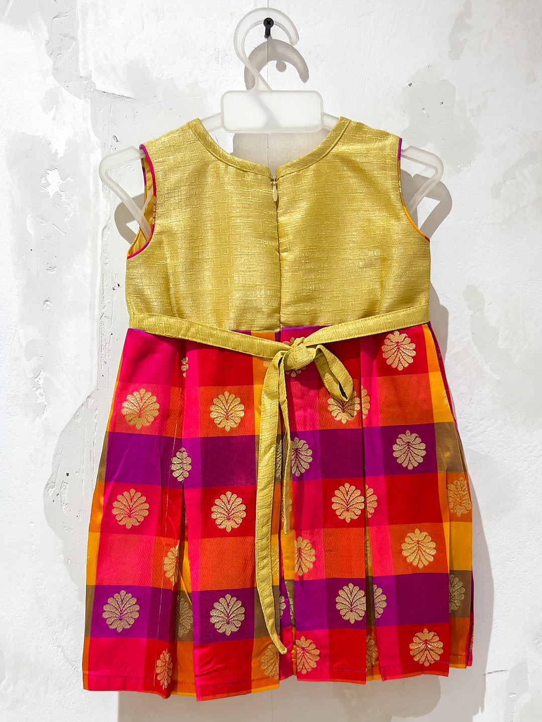 The Nesavu Silk frocks Multicolour Magenta Checked Banarasi Jacquard Silk Frock For Little Girl psr silks Nesavu