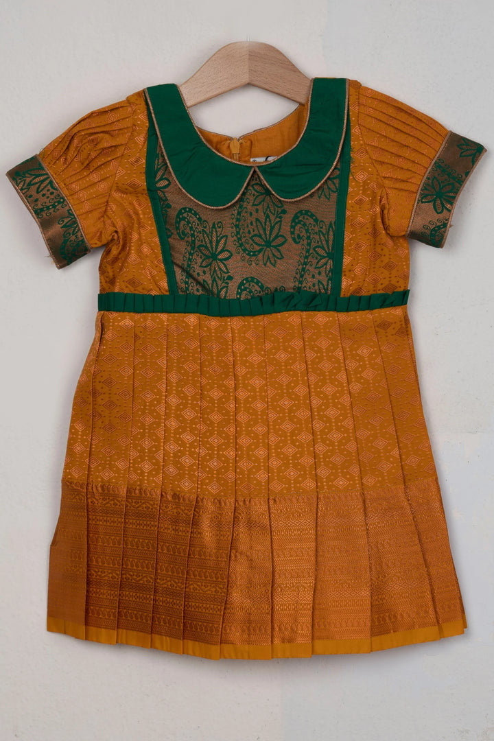 The Nesavu Silk Frocks Must Get Yellow - Latest Semi-Silk Frocks With Fabric Embellished Yoke For Little Girls psr silks Nesavu 14 (6M) / Gold SF463A