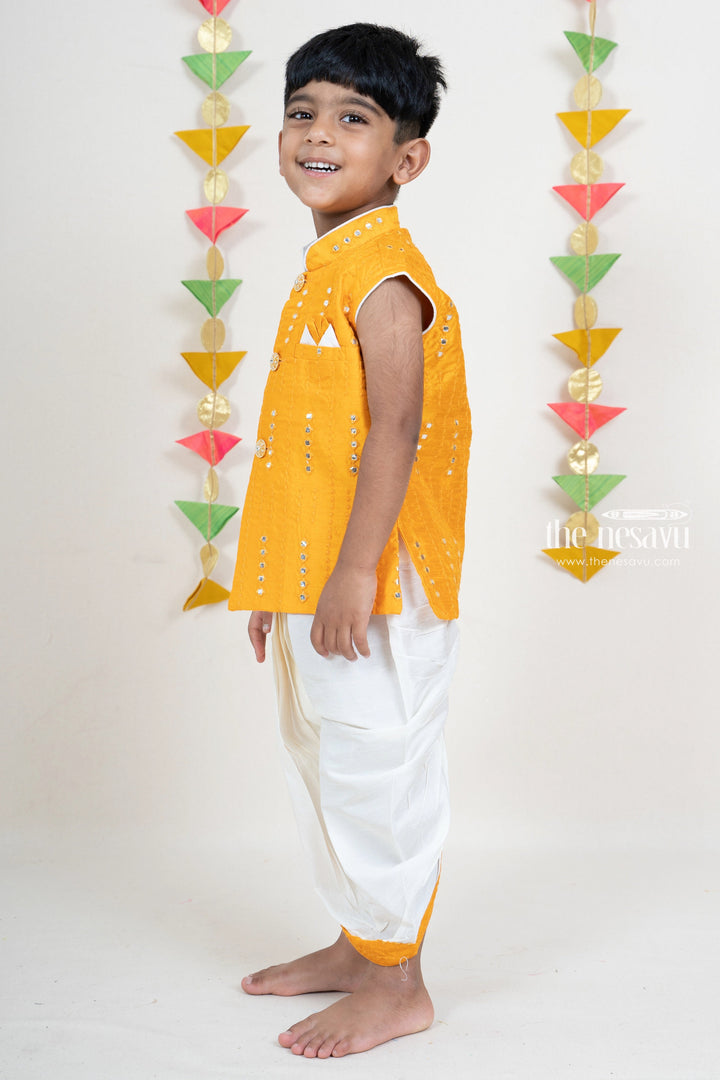 The Nesavu Ethnic Sets Mustard Designer Party Wear Kurta Suit For New Born Baby Boys psr silks Nesavu