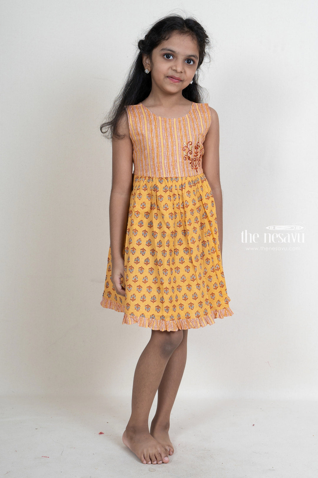 The Nesavu Frocks & Dresses Mustard Printed Cotton Gown With Stylish Embroidery Motif For Girls psr silks Nesavu 14 (6M) / Orange GFC925A