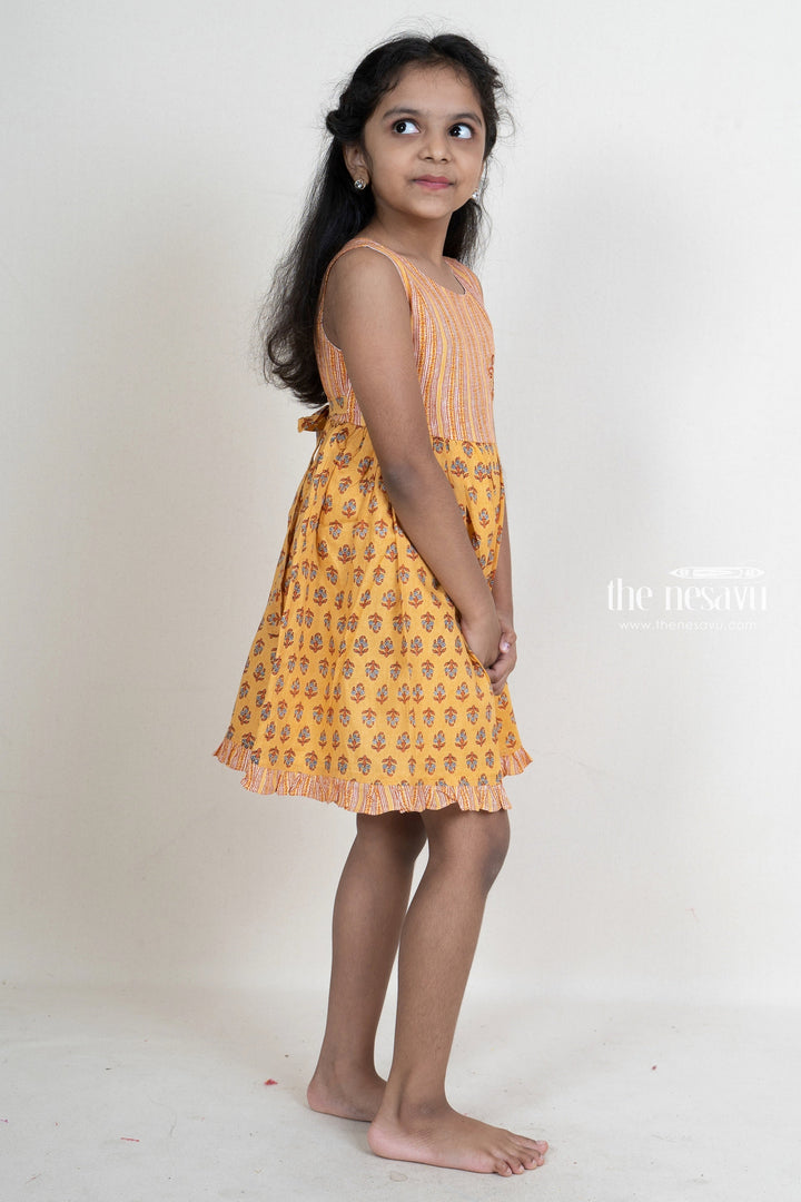 The Nesavu Frocks & Dresses Mustard Printed Cotton Gown With Stylish Embroidery Motif For Girls psr silks Nesavu