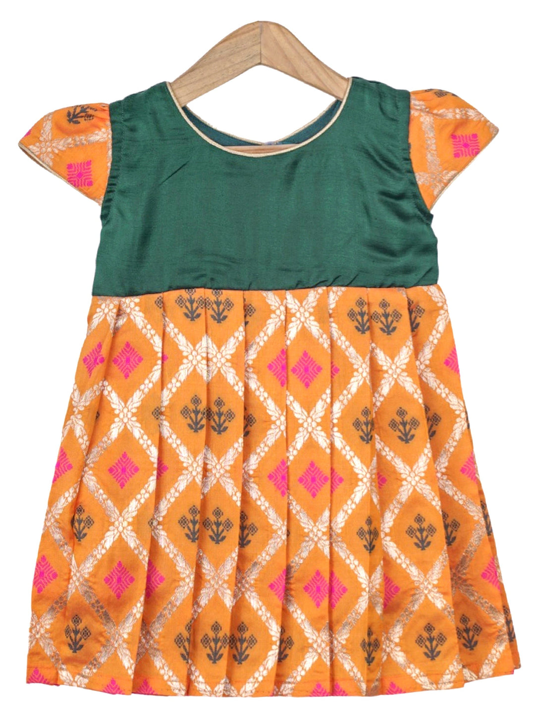 The Nesavu Silk frocks Mustard With Green Traditional Indian Ethnic Wear For Baby Girls psr silks Nesavu 12 (3M) / Orange SF391