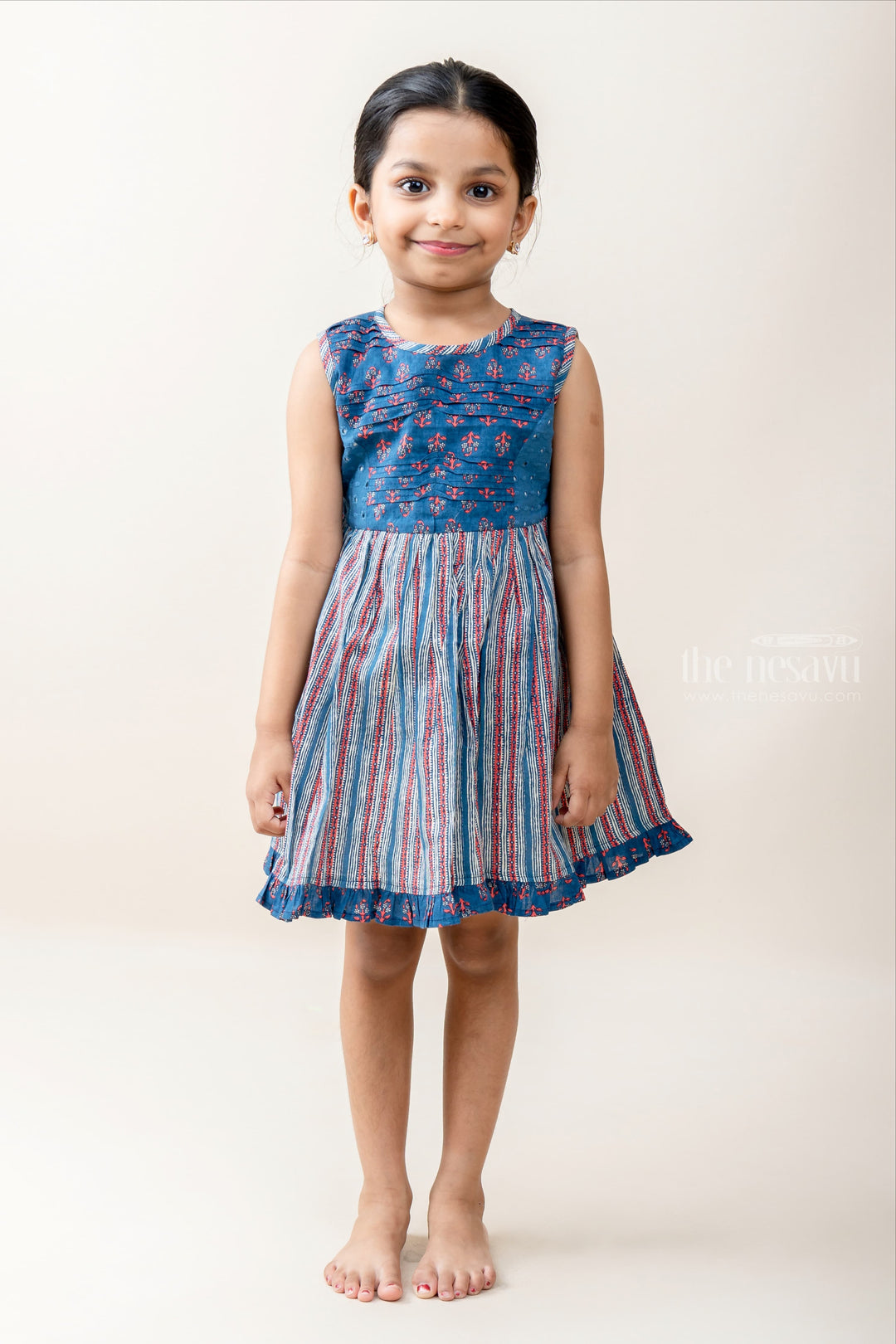 The Nesavu Baby Frock / Jhabla Navy Blue Designer Cotton Gown With Ruffle Ends For New Born Baby Girls psr silks Nesavu 14 (6M) / Steelblue BFJ337B