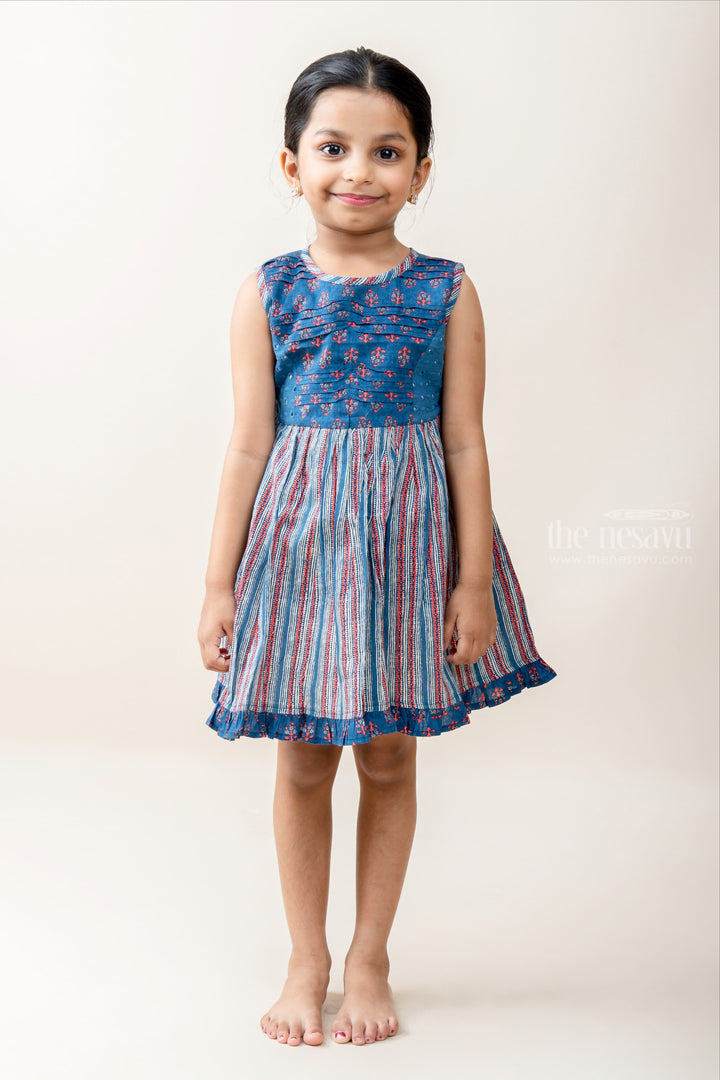 The Nesavu Baby Frock / Jhabla Navy Blue Designer Cotton Gown With Ruffle Ends For New Born Baby Girls psr silks Nesavu 14 (6M) / Steelblue BFJ337B