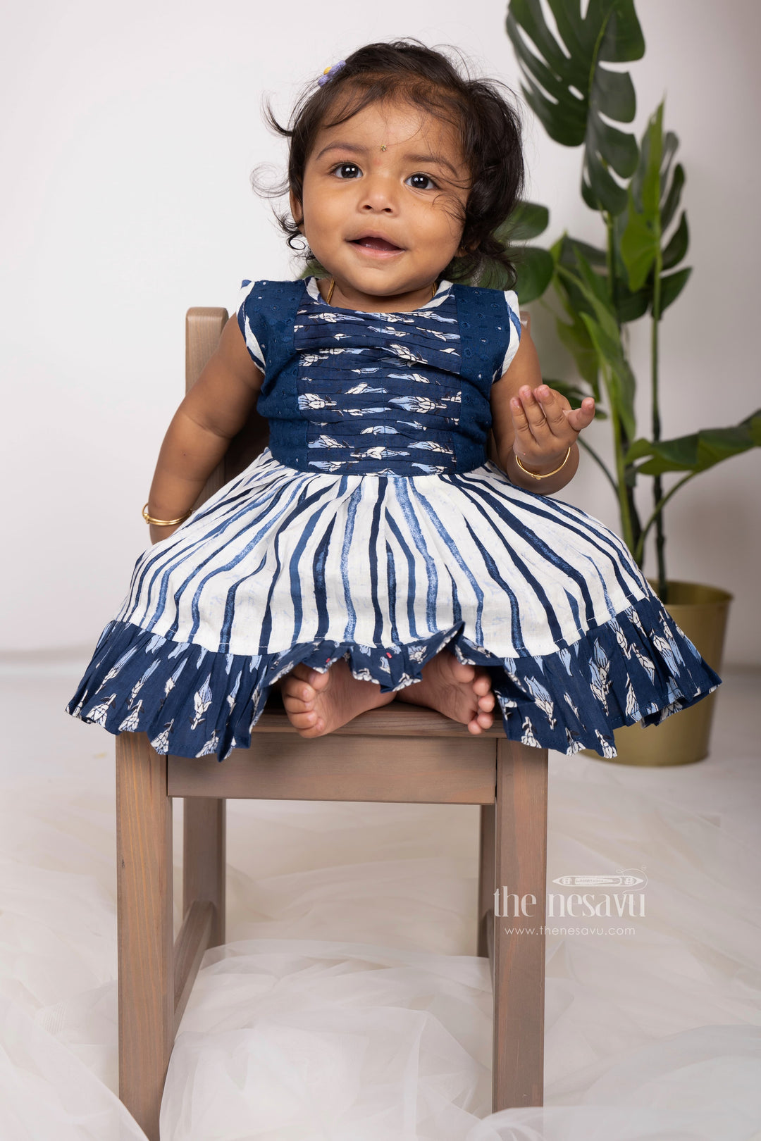 The Nesavu Baby Frock / Jhabla Navy Blue Pin-Tucked Pleated Designer Ruffle Ended Cotton Gown For Baby Girls psr silks Nesavu 14 (6M) / navyblue BFJ315